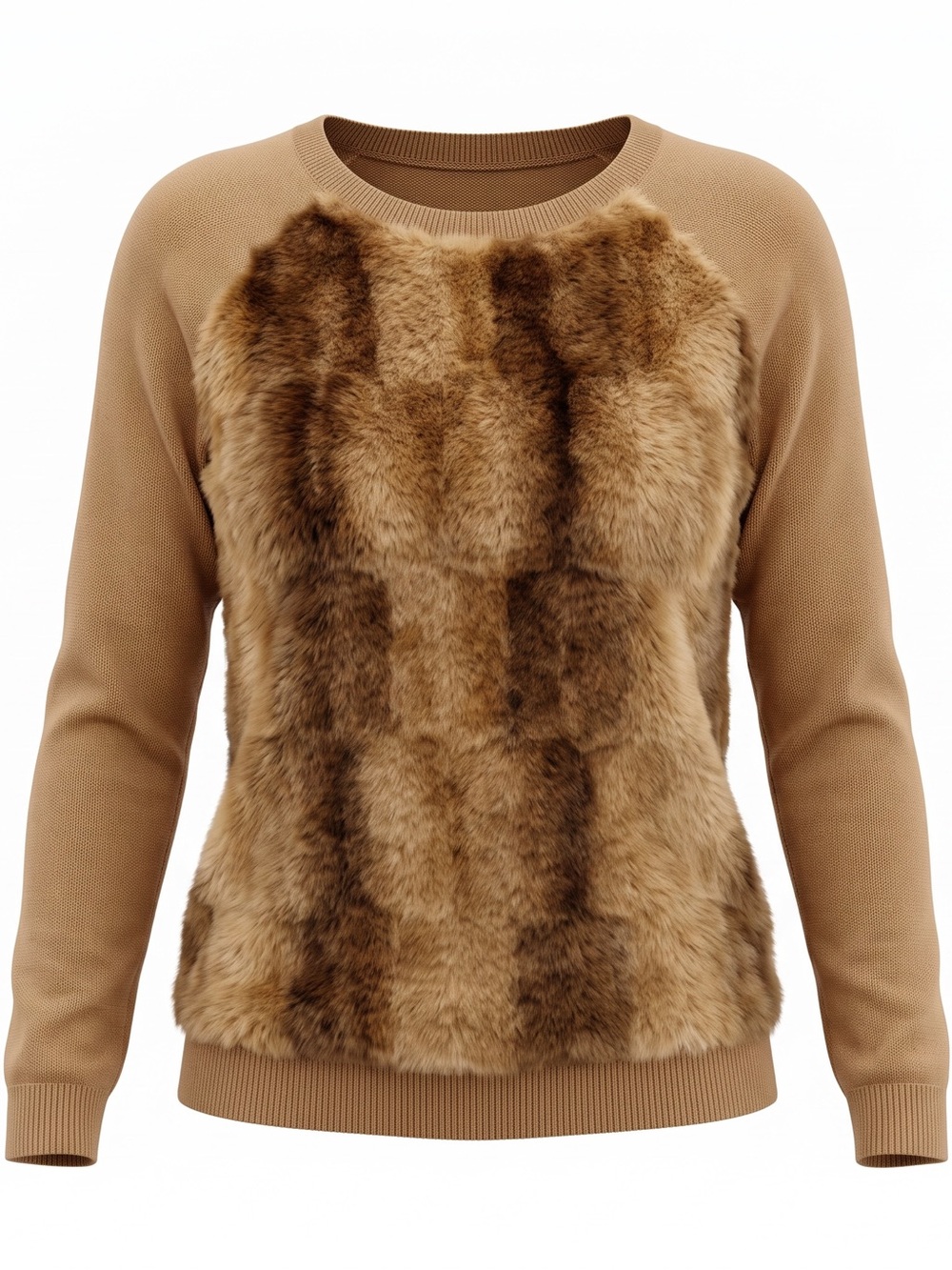 NWT Bar III Camel Faux Fur Sweater Wool Blend | Large
